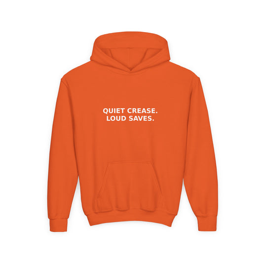 Youth Hoodie — “Quiet Crease. Loud Saves.” Soft Black Pullover for Young Goalkeepers