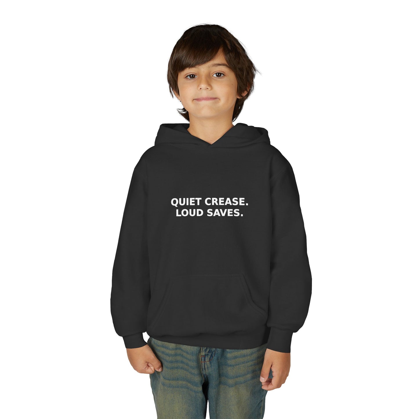 Youth Hoodie — “Quiet Crease. Loud Saves.” Soft Black Pullover for Young Goalkeepers
