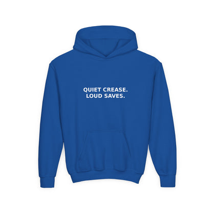 Youth Hoodie — “Quiet Crease. Loud Saves.” Soft Black Pullover for Young Goalkeepers